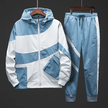 

2020 Tracksuit Set Men Spring Autumn Sport Suit Hooded Sweatshirts+Pants Hip Hop Patchwork Two Piece For Men Sweatsuit Clothing