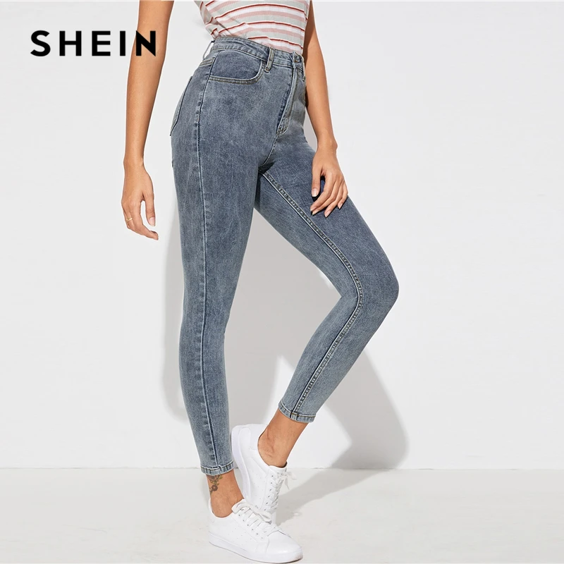 Женские облегающие повседневные джинсы SHEIN серые потертые на молнии уличные