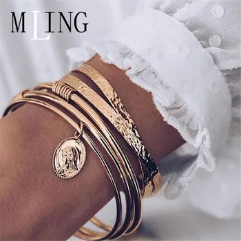 

MLING 5 Pcs/Set Vintage Gold Alloy Bracelet Set Simple Circle Portrait Pendant Bracelet Set for Women