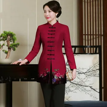 

Blouse Tops Medium Length Shirt Autumn Winter Vintage Embroidered Flower Tang Clothes Mother Wedding Banquet Dress Chinese