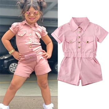 

Summer Fashion Infant Kids Girls Overalls Jumpsuit Pink Single-breasted Short Sleeve Romper Playsuits Outfits 1-6Y Summer Outfit