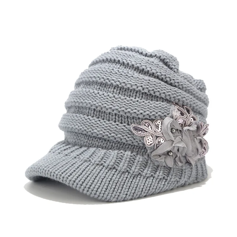Stretchy Knitted Newsboy Cap Women Winter Hats with Visor Patch Flower White Red Grey Black