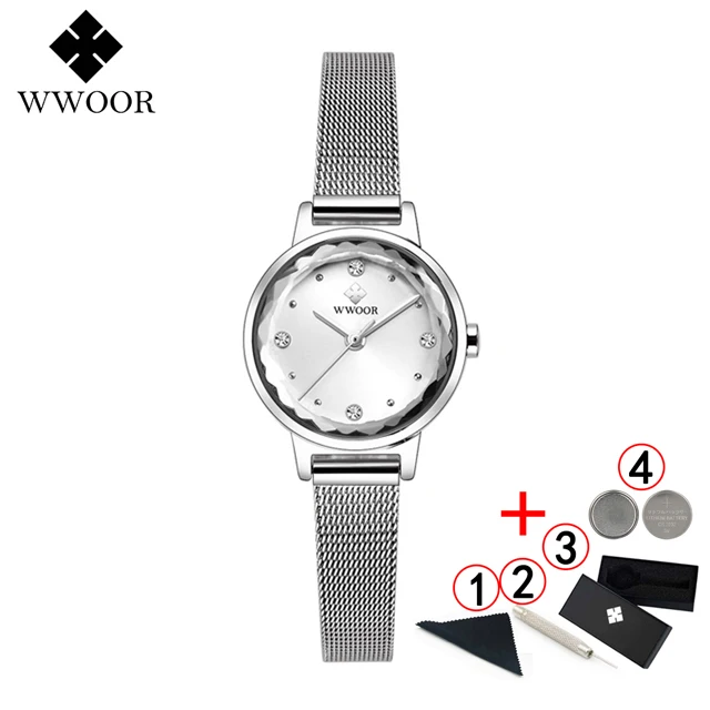 Reloj WWOOR Mujer женские часы Известные Роскошные бренды браслет из нержавеющей стали часы для женщин кварцевые женские часы - Цвет: full silver box