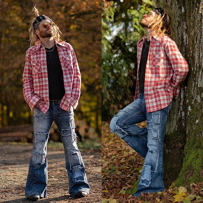 Compra Pantalones Vaqueros acampanados desgastados para Hombre, Vaqueros de retales desgastados con parte inferior de campana, estilo Punk oo3KMdVLRqQ