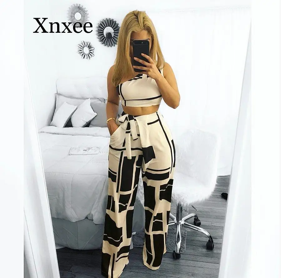 

africa style Women Sleeveless Crop Top Long Pants Tracksuit One Shoulder Track Suit 2 Piece Set Pants Suit sleeveless long pants