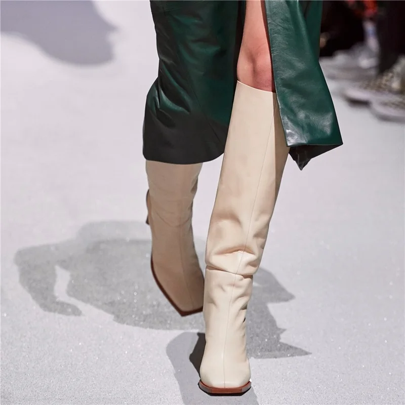 

brand designer microfiber leather women knee high boots pointed toe boots women long chunky block high heel boots black apricot