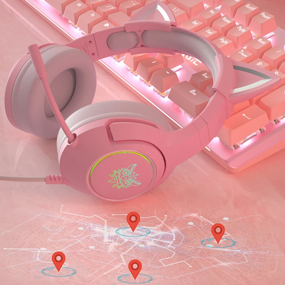 Rgb Gaming 7.1 Fones de Ouvido Estéreo Rosa Fone de Ouvido Removível Gato com Fio Usb com Microfone Redução Ruído para Ps4 Xbox Uma Menina Bonito - Image 3