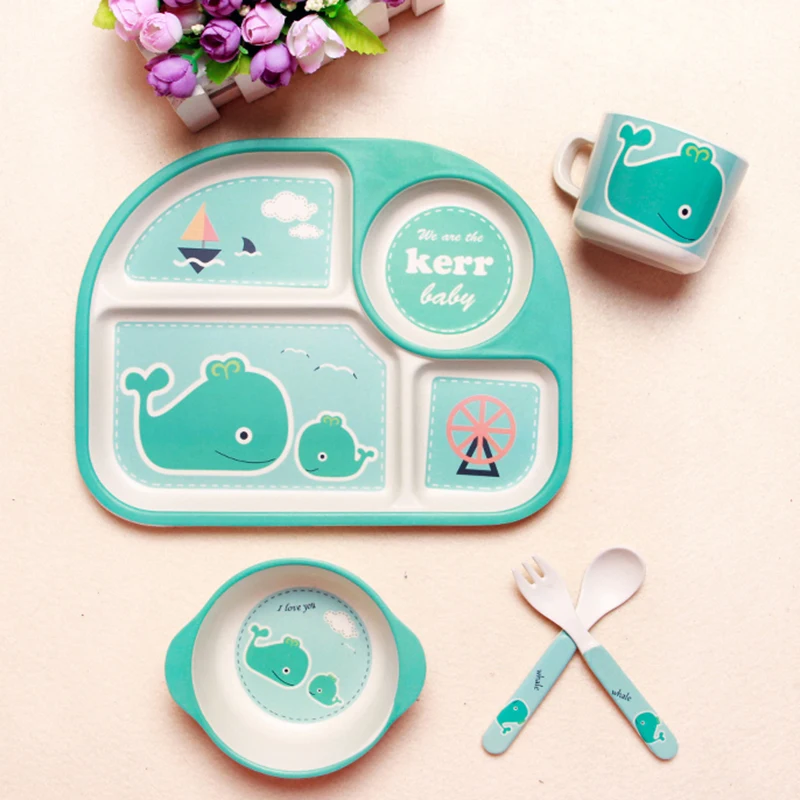 Baby Feeding Bowl Plate Dishes Fork Spoon Cup 5Pcs/Set Children Tableware Bamboo Fiber Kids Cartoon Separation Feeding Plate