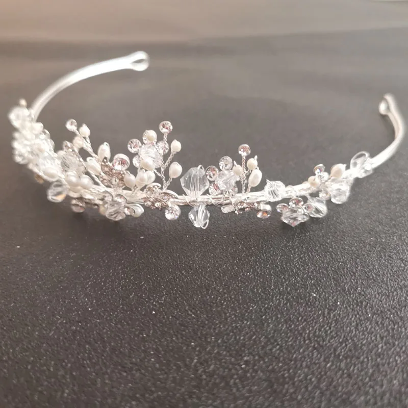 SLBRIDAL ручной работы, со стразами кристалл пресноводный жемчуг свадебная диадема Корона принцесса женские аксессуары для головных уборов