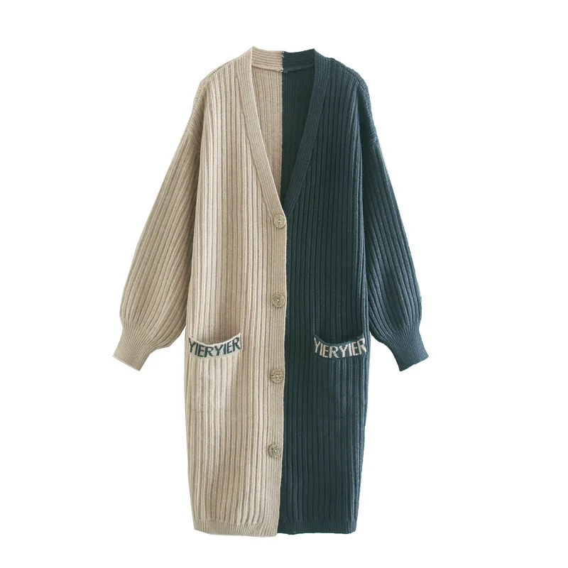 

Winter 2020 Splice Wool Long Cardigan Women Knitted Cardigans Pocket Casual Femino Braid Single Breasted Knitwear Cardigan