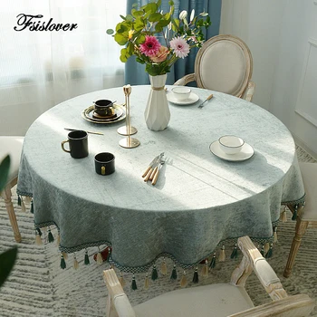 

FSISLOVER Chenille Round Table Cloth Thick Fabric Living Room Small Coffee Tablecloth Nordic Solid Table Cover with Tassel