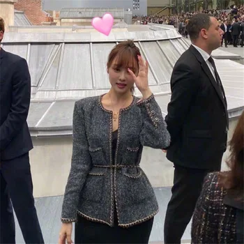 

early spring autumn short cardigan round neck tunic tweed jacket for woman lady