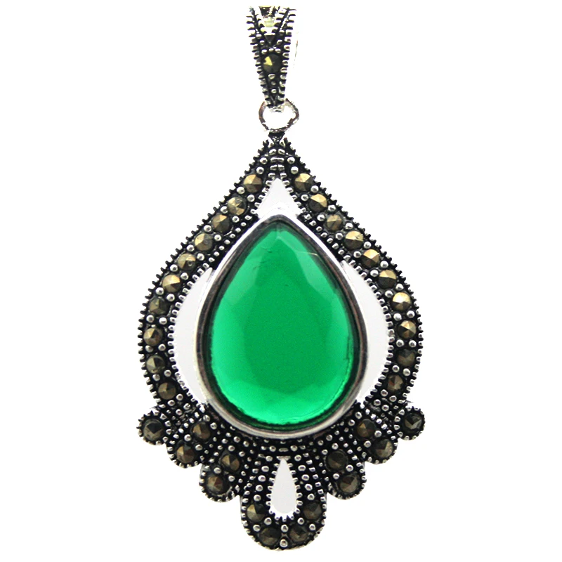 

Marcasite Cute Faceted Green Crystal Teardrop 925 Sterling Silver Pendant 40*20mm
