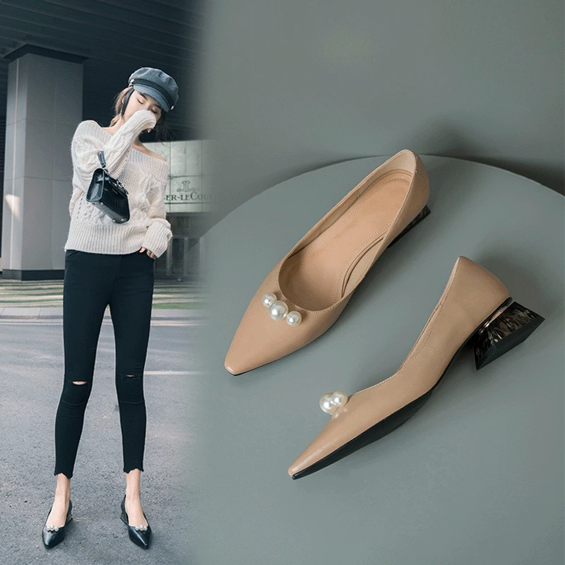 

2019 Spring New Style Genuine Leather Pointed-Toe Sweet Ladies' Semi-high Heeled WOMEN'S Shoes Shallow Mouth Korean-style Pearl