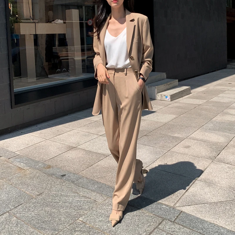 2020 Autumn Ladies Casual Work Pants Suit Notched Long Blazer Jacket ...