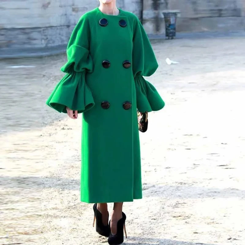 Women's Green Coat Round Neck Double-Line Button Trumpet Sleeve Straight Coat British Wind Green Windbreaker plus size Coat