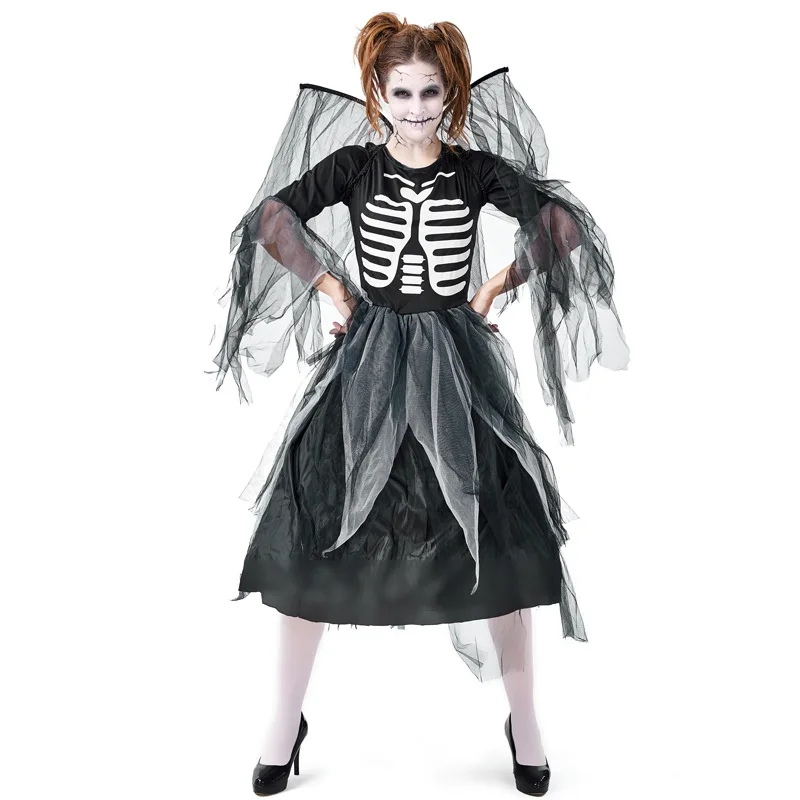 Костюм для взрослых женщин на Хеллоуин страшный череп печатных платья Темный ангел зомби черный костюм костюмы скелетов карнавальные кости Униформа XL