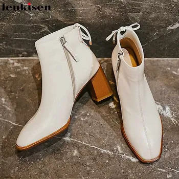 

Lenkisen genuine leather elegant lace up ladies shoes round toe high heels solid side zipper winter warm women ankle boots L0f3