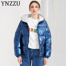 YNZZU Двусторонняя одежда шикарная Новая зимняя Женская куртка на утином пуху серебряное короткое хлебное Пальто Повседневная Женская одежда с капюшоном A1111
