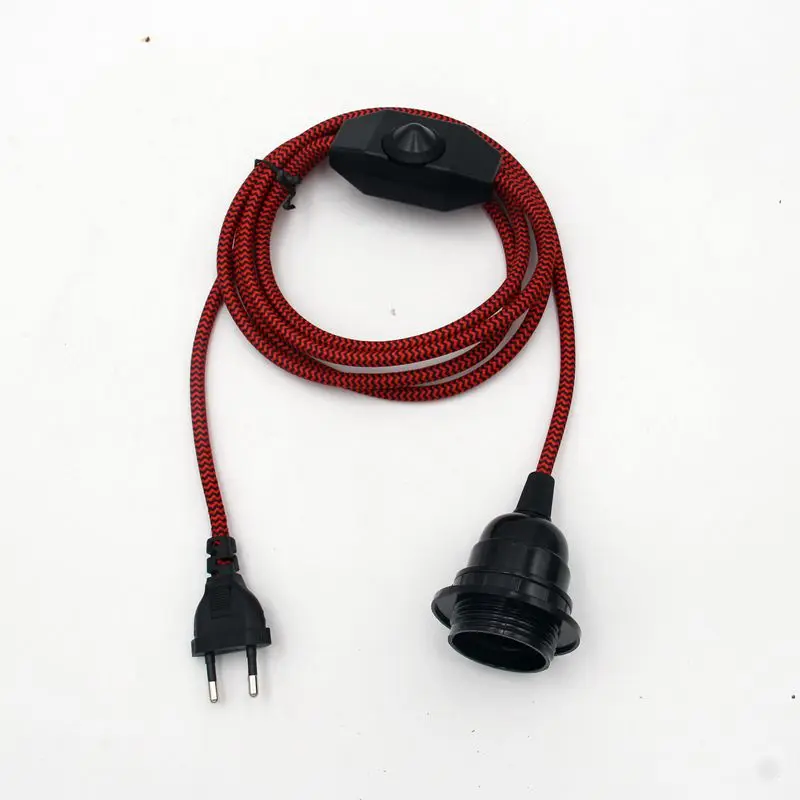 AC 220V EU Plug  Power Cords Textile Covered Cable With Dimmer Switch E27 Threaded Bulb Lamp Holder Ring For Hanging Light 5
