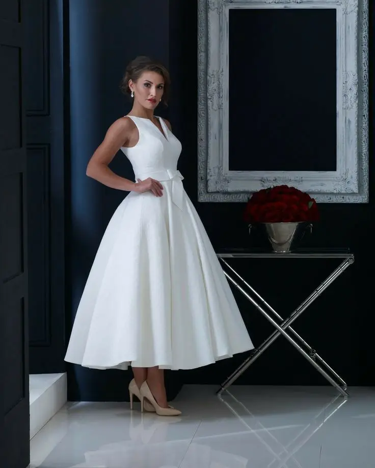 Customized Tea Length V-Neck Satin Wedding Dresses with Pockets A