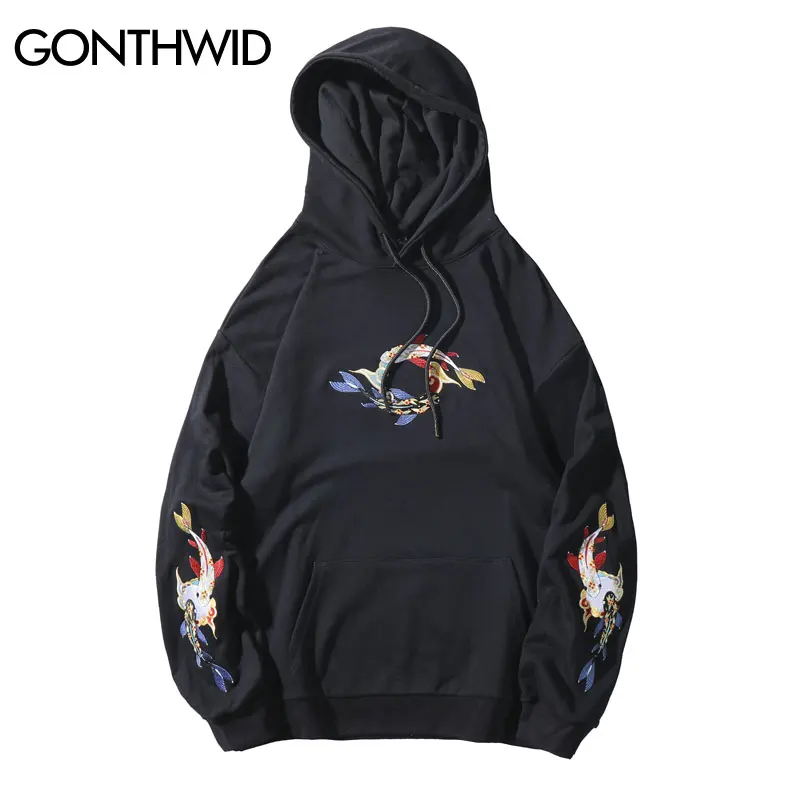 GONTHWID Embroideried Fish koi Карп пуловер толстовки с капюшоном худи Harajuku уличная мужская
