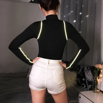 

Reflective Lines Long Sleeve Bodysuit Autumn Spring Letter Print Zipper Turtleneck Bodycon Rompers Women Jumpsuit Short