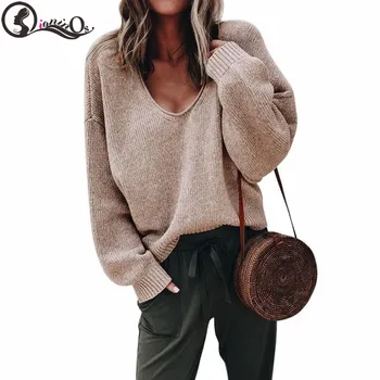 

Women Autumn Winter Sweater V-Neck Casual Fashion All-match Solid Color Pullover Knitting Long Sleeves Loose Concise Sweater