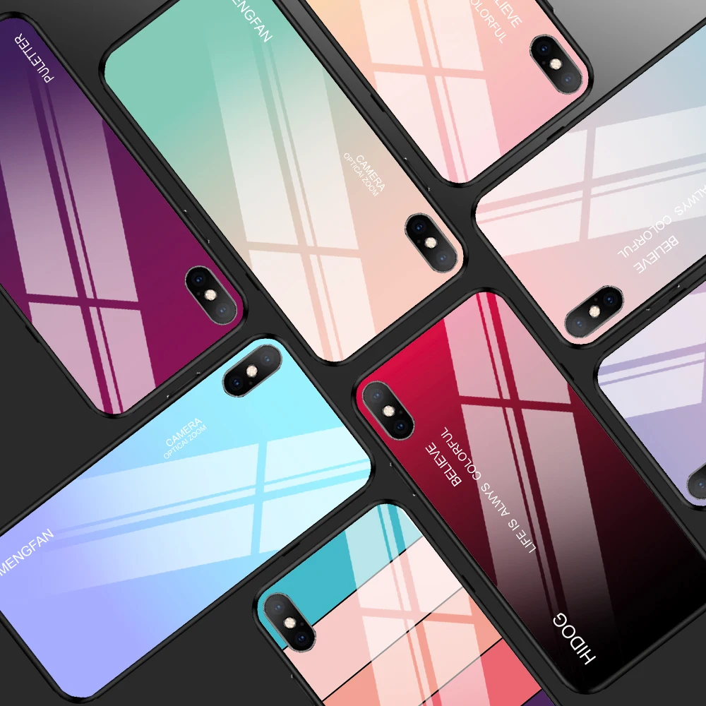 Градиентные чехлы с закаленным стеклом для iPhone X XS Max XR 7 8 6 6s Plus глянцевые Модные