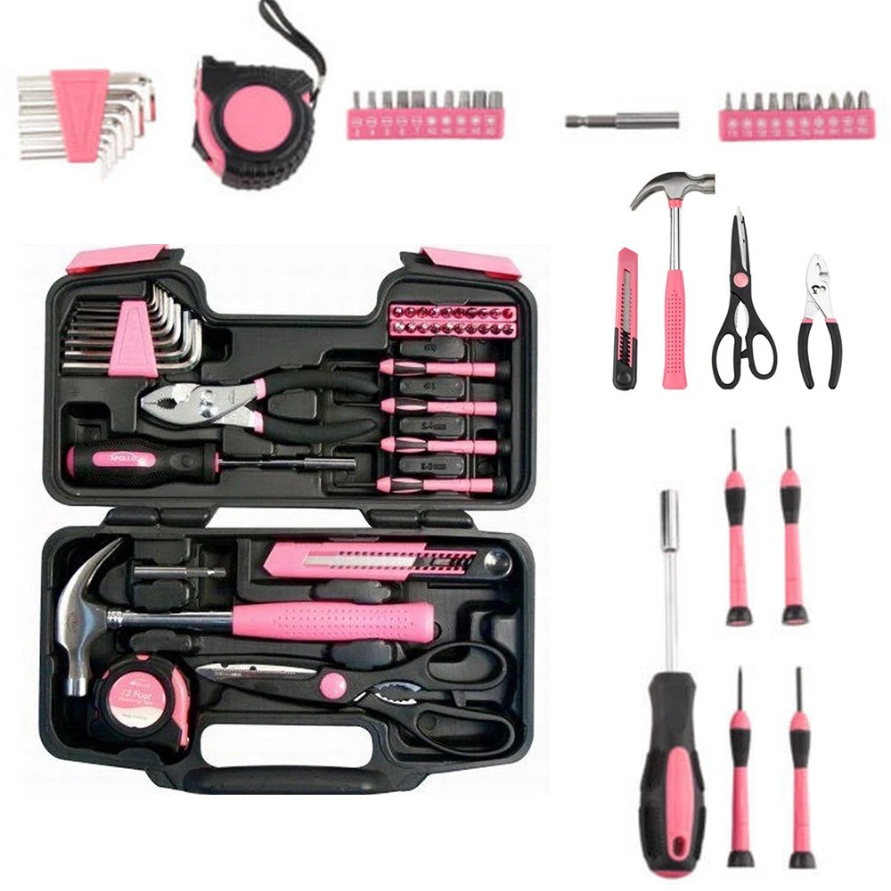 39 шт. набор инструментов для домашнего хозяйства набор инструментов розового цвета комплект механика с жесткий кейс для хранения