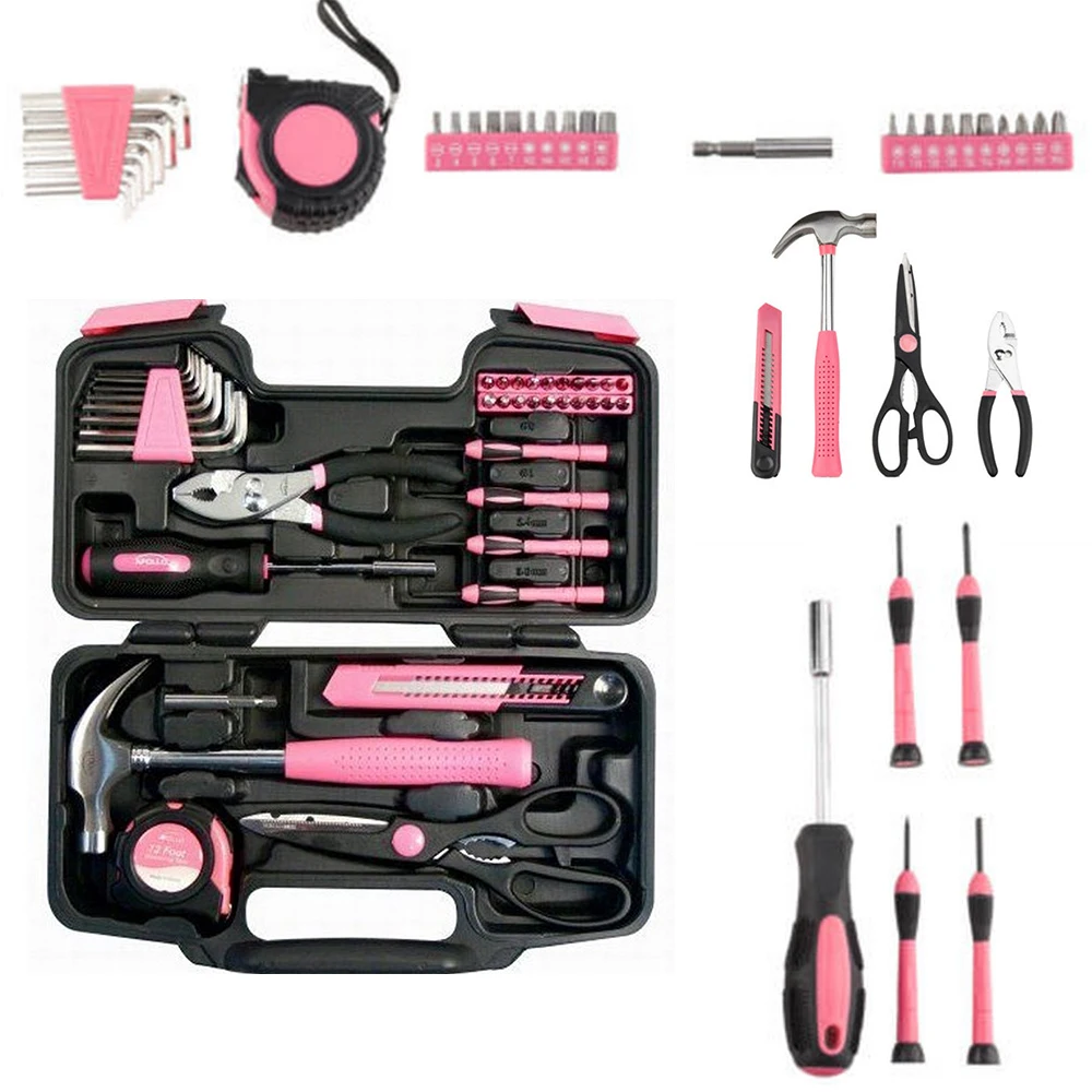 

39pcs Pink Tool Set Household Tools Kit Box Mechanics with Hard Storage Case