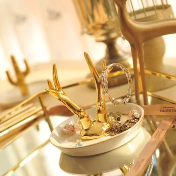 

Nordic Ceramic Jewelry Cosmetics Display Rack Tray Golden Antlers Storage Tray Minimalist Home Bedroom Small Jewelry Ornaments