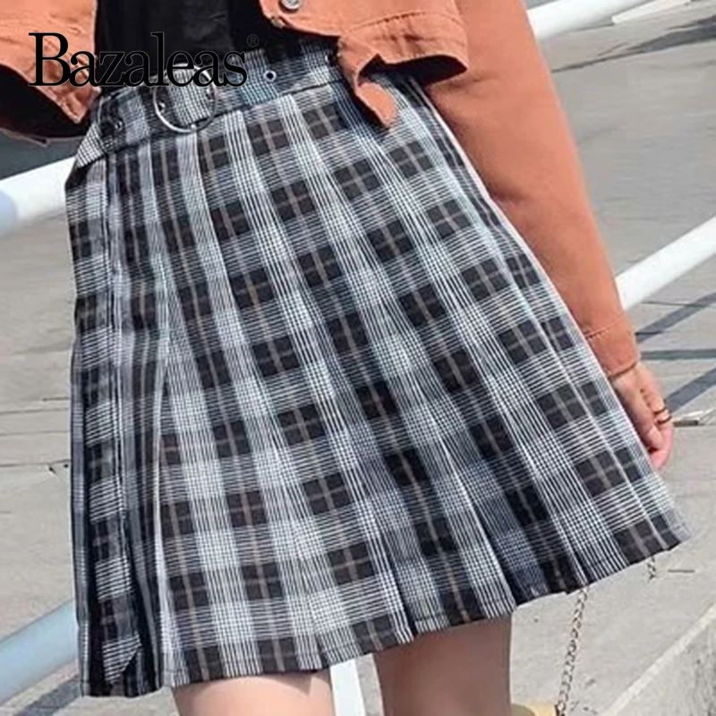 Bazaleas, Харадзюку, с поясом, высокая талия, юбки для женщин, s, шотландка, серая, Женская юбка, сексуальная, в клетку, плиссированные юбки, модная мини-юбка