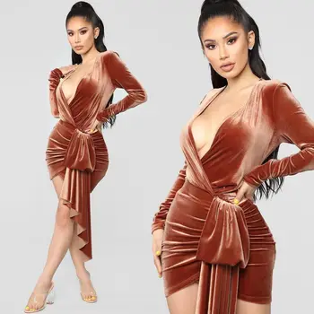 

BacklakeGirls 2020 Autumn Sexy V Neck Brown Cocktail Dress Long Sleeve Irregular Split Joint Short Night Club Party Woman Dress