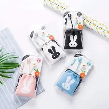 

Korean Cartoon Rabbit In-Ear Headphones With Storage Bag Small Headset With Microphone For Apple And Android Systems