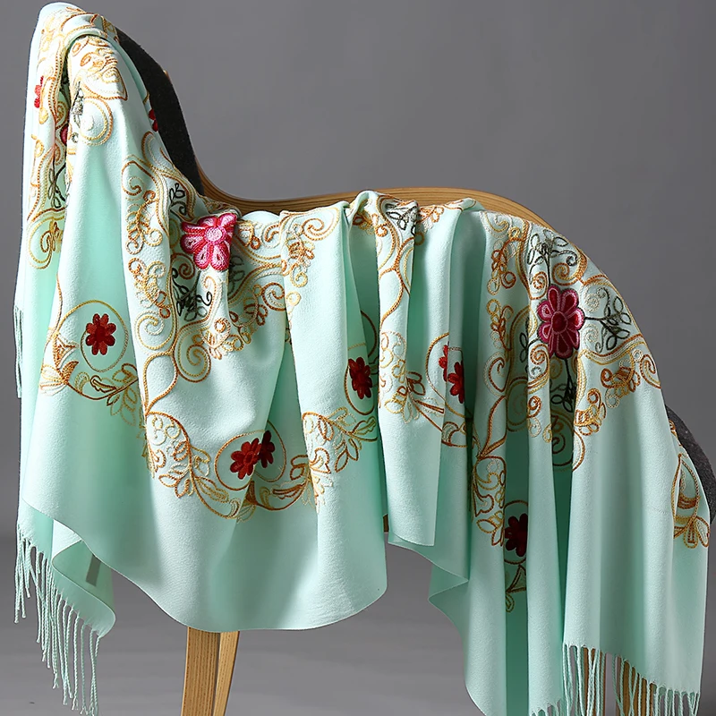 mint green Новинка, Женский кашемировый шарф Пашмина с вышитыми цветами, зимние Мягкие кисточки, шаль, шаль, модный дорожный, сохраняющий тепло шали шарфы - Цвет: mint green