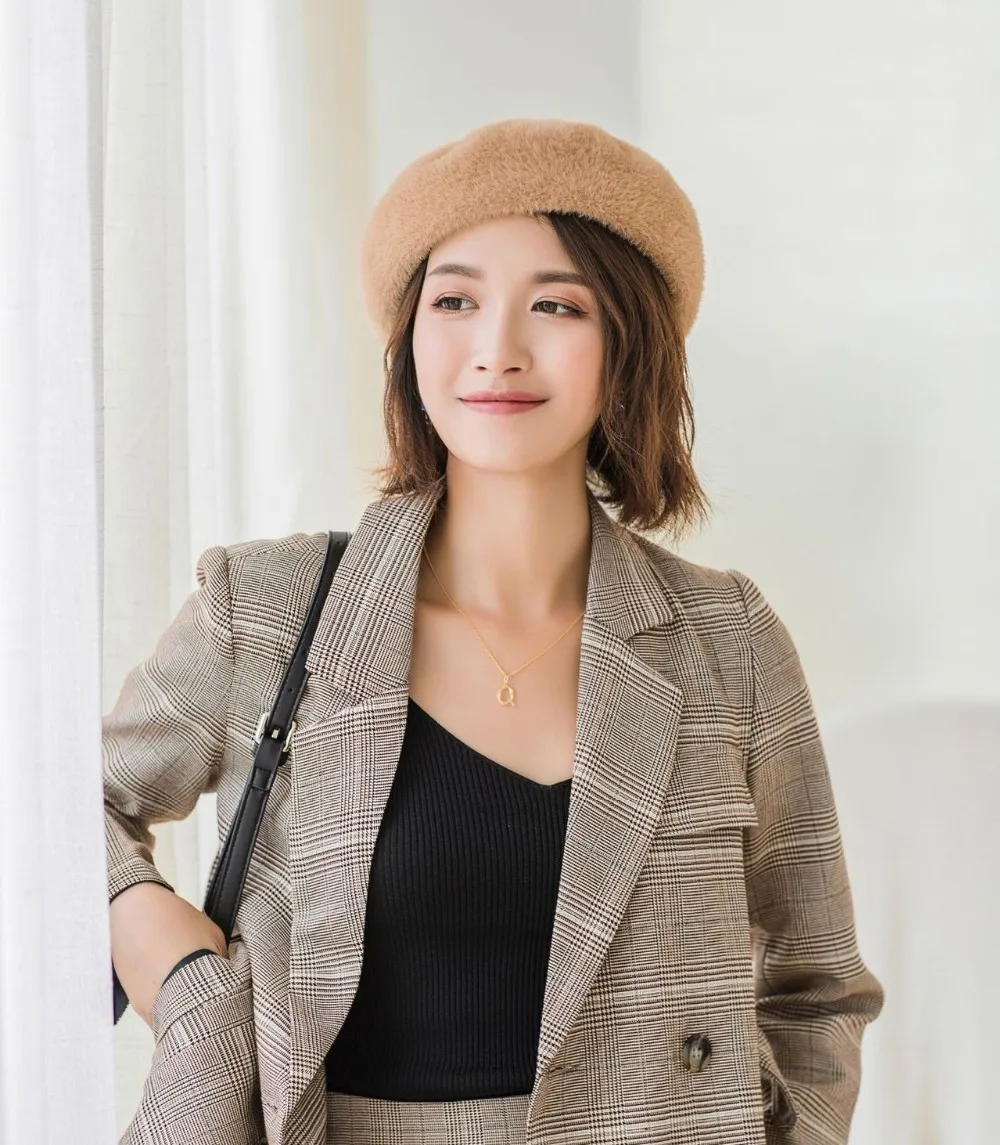 Otomino Invierno moda mujer boina sombrero de piel de conejo sombrero grueso calentador boina mujer sombrero para mujer