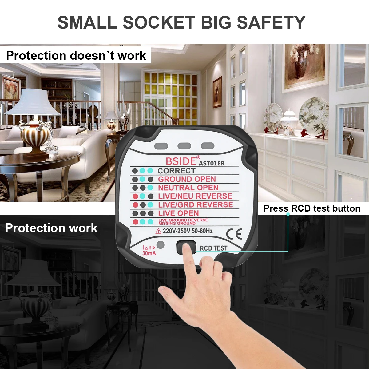 BSIDE AST01 Electric Socket Tester EU US UK AU Plug RCD GFCI Test  Outlet Ground Zero Line Plug Polarity Phase Wall Check 2