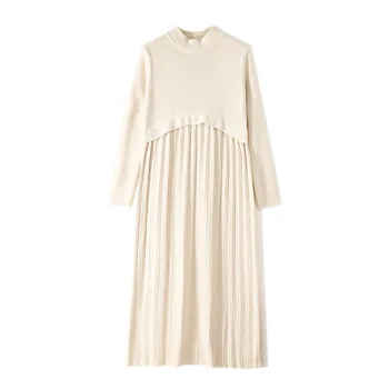 

Palace Style Sweater Dress Female Autumn Spring Solid Color Stitching Slim Pleated Knitted Midi Dresses Women Clothing T97022