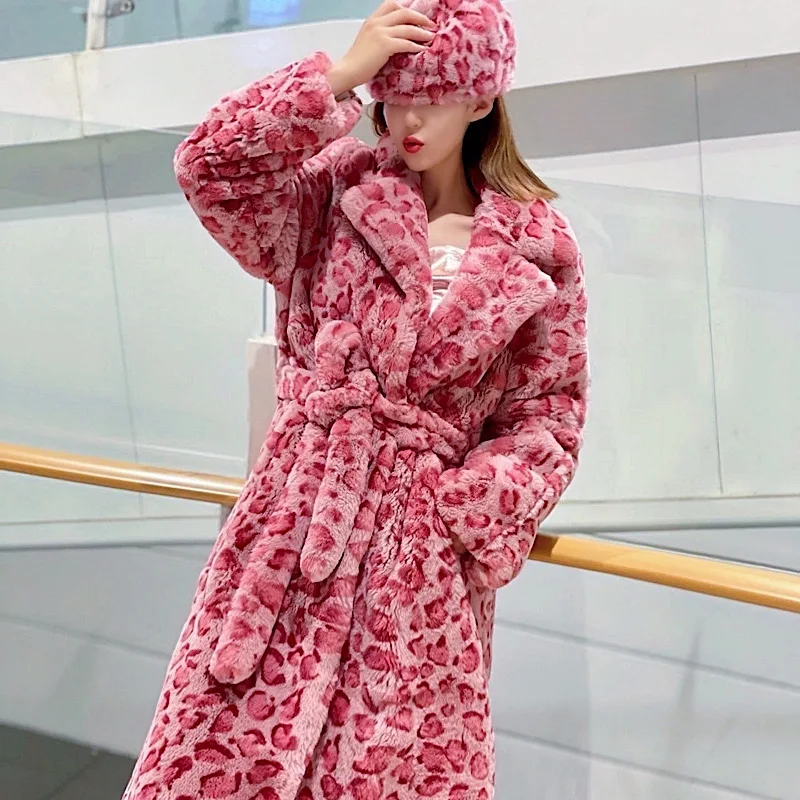 Женская Шуба из натурального меха кролика Рекс, Длинная зимняя шуба с леопардовым принтом, простая теплая верхняя одежда, 2022