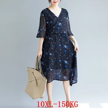 

Plus size women's dress plus size 6XL 7XL 8XL 9XL 10XL summer V-neck short sleeve loose large size blue stars chiffon dress