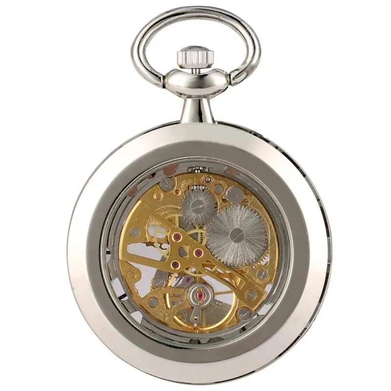 Silver Hand-winding Mechanical Pocket Watch Open Face Skeleton Hollow Retro Watches Men Women Collectable with Pendant Chain