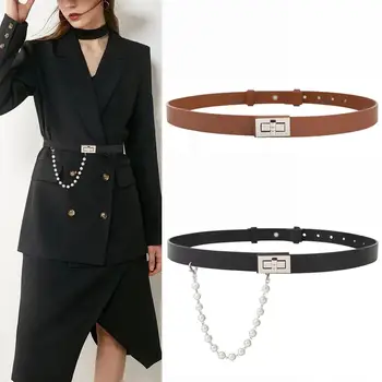 

pearl belts for women PU leather belt for jean dress coat girl HOT clasp pearls tassel waistband alloy buckle brown soft leather