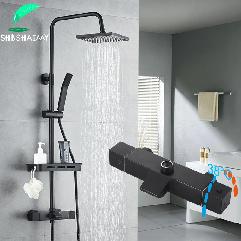 

Black Rainfall Thermostatic Bathroom Shower Faucet Set 8'' Stainless Steel Shower head with shelf and Bidet Shower Crane Tap