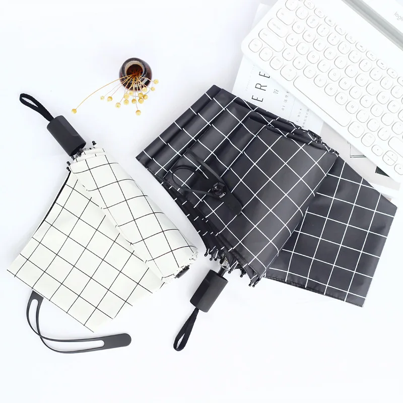 

Check Pattern Small Clear Umbrella Rain Women Three Folding Manual Men Black Coating Sunscreen Parasol Sunshade Rainy And Sunny