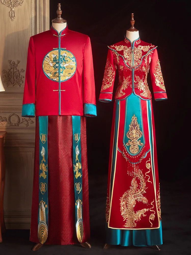 

Bride Bridegroom Wedding Dress Toast Clothing Chinese Style Traditional Qipao Elegant Red Phoenix Embroidery Cheongsam