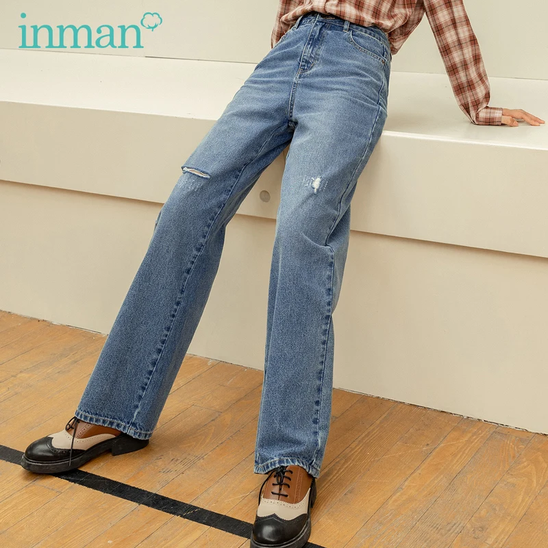 INMAN 2020 Autumn Winter New Arrival Medium Waist Slim Straight Denim Cotton Worn Washed Women Casual Pants INMAN 2020 Autumn Winter New Arrival Medium Waist Slim Straight Denim Cotton Worn Washed Women Casual Pants