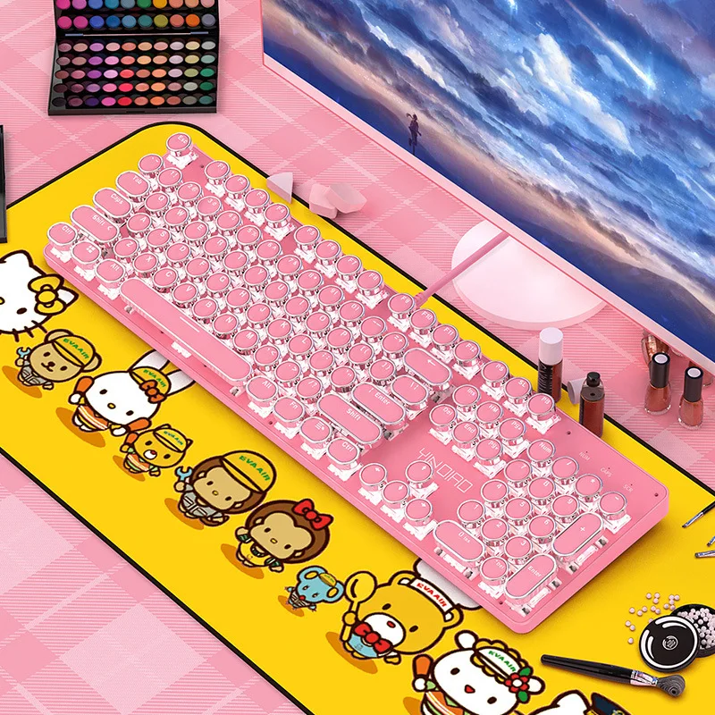 

Mechanical keyboard green axis cute girl girl heart powder keyboard round button punk gaming keyboard green axis series