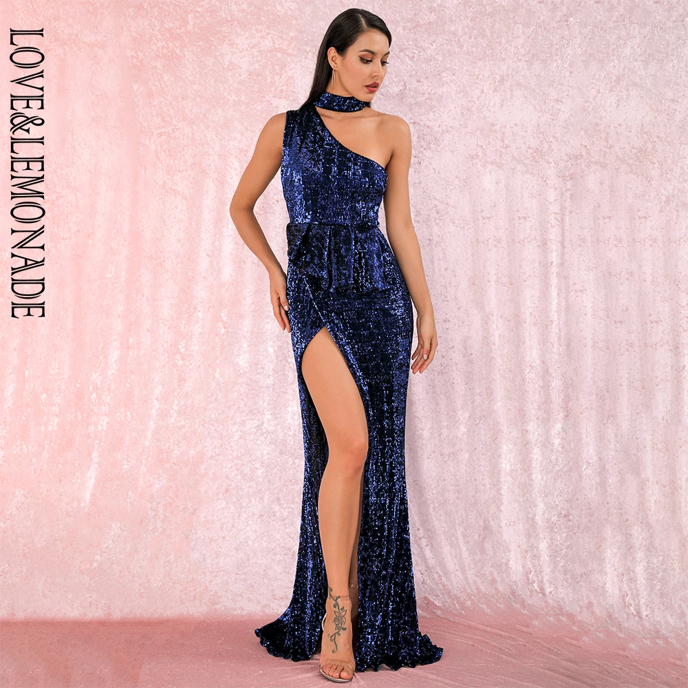 

LOVE&LEMONADE A/W Sexy Navy Halter Strapless Shoulders Ruffled Split Elastic Sequins Sleeveless Party MAXI Dress LM81953