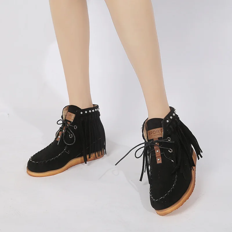 

New autumn and winter leather women's boots fringed frosted leather flat bottom plus velvet short boots oversized boots J12-48